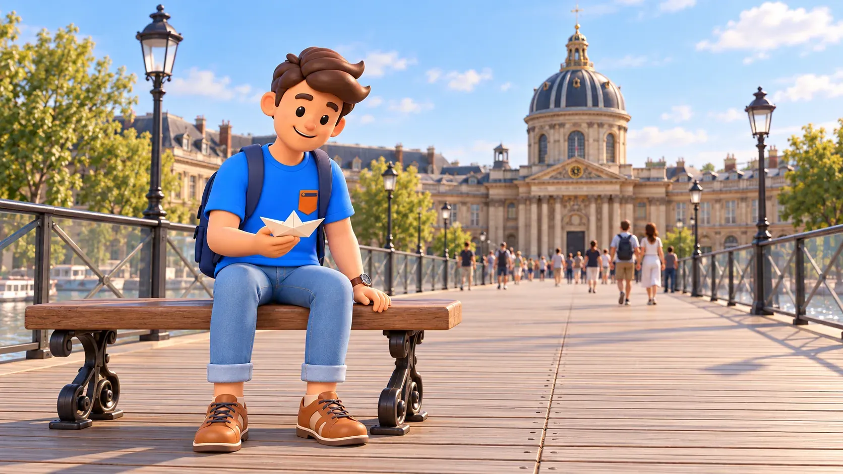 Le personnage tient un bateau en papier sur un banc du pont des Arts, devant la coupole de l’Institut de France.