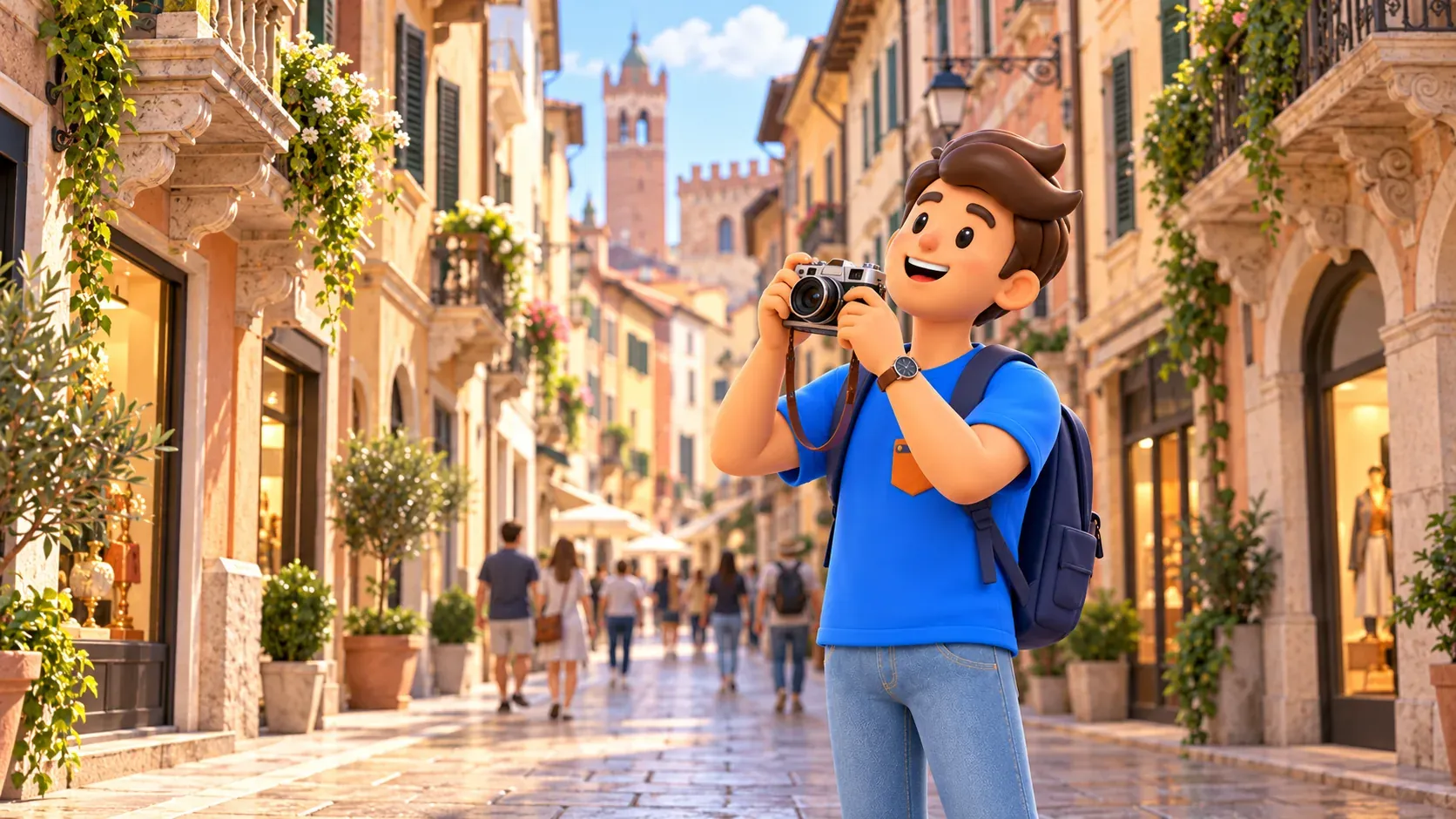 Traveller with a camera looking at façades along Via Mazzini