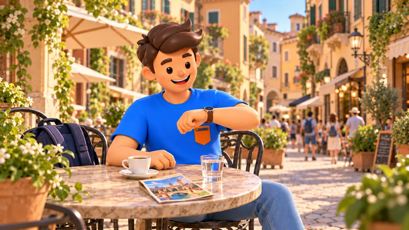 Traveller taking a café break and checking his watch