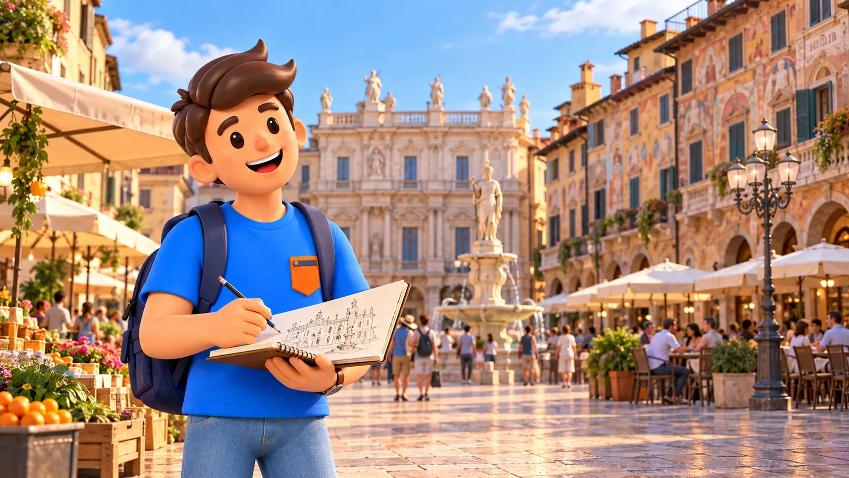 Traveller making an architectural sketch in Piazza delle Erbe