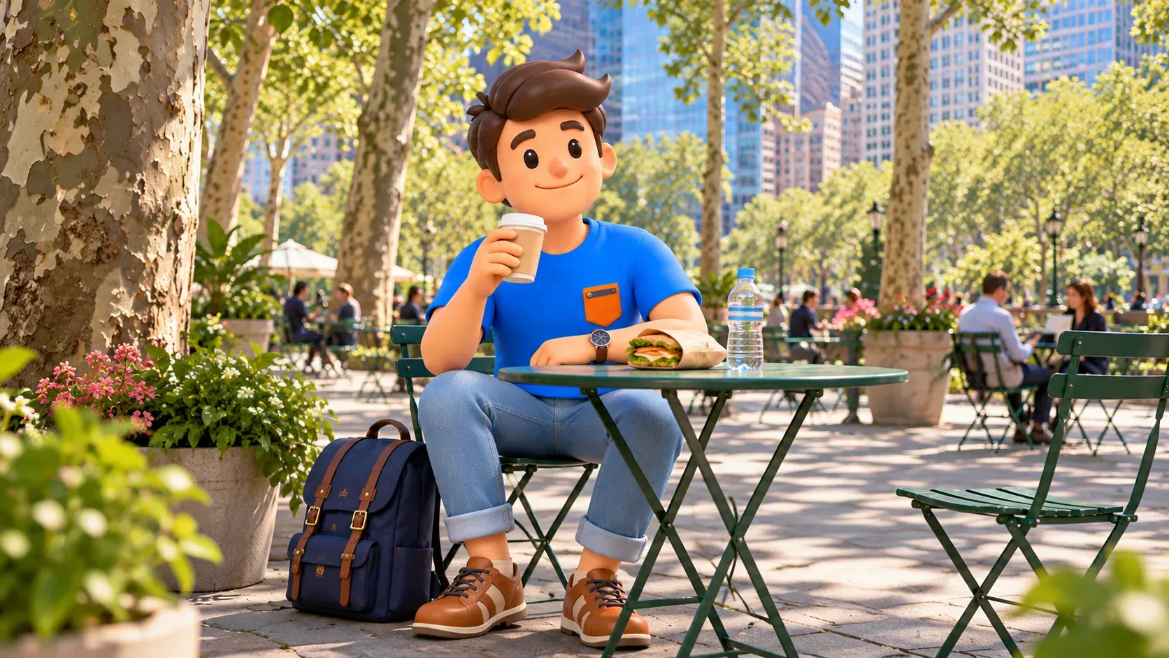 Ein Reisender macht mit Getränk und Sandwich eine Pause an einem grünen Tisch im Bryant Park.