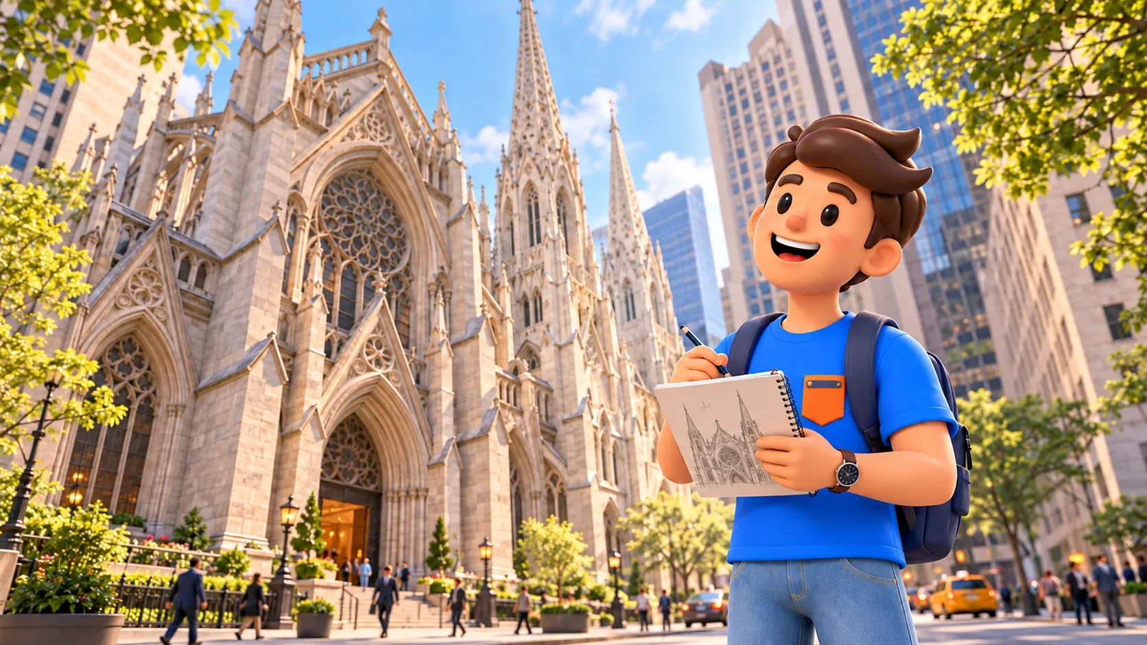 Ein Reisender zeichnet die St. Patrick’s Cathedral von der Fifth Avenue aus.