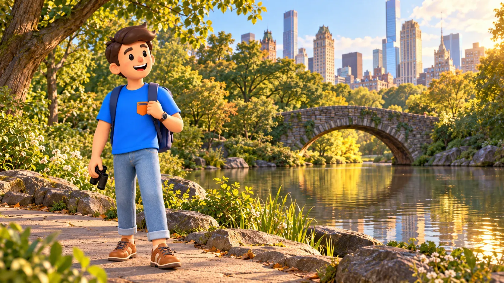 Ein Reisender mit Fernglas steht am Pond und an der steinernen Gapstow Bridge im Central Park.
