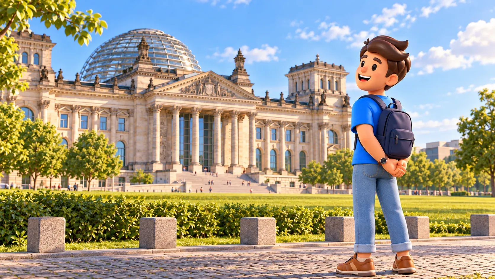 Viajero observando el exterior del Reichstag con las manos a la espalda.