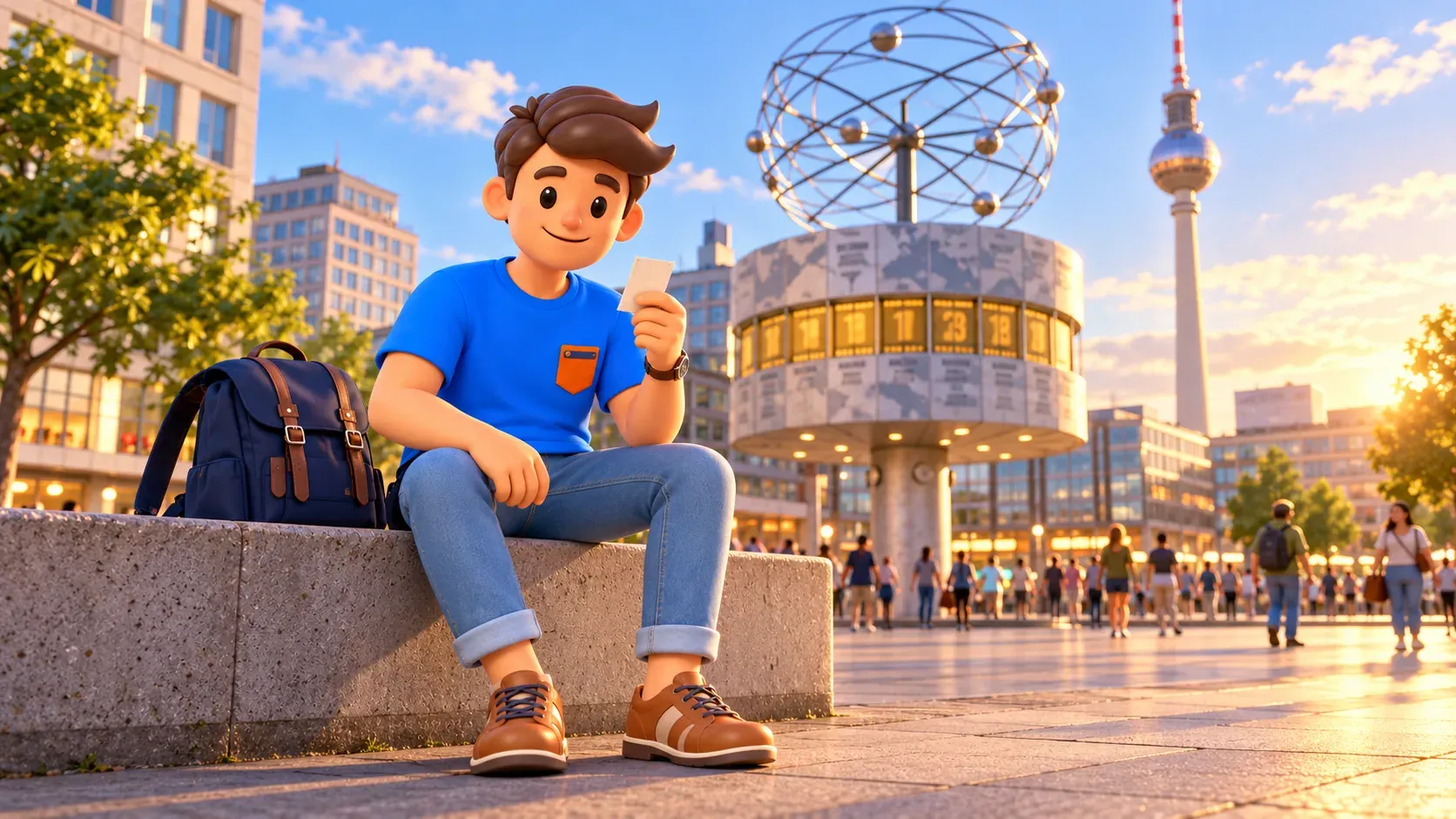Viajero descansando en Alexanderplatz cerca del Reloj Mundial.