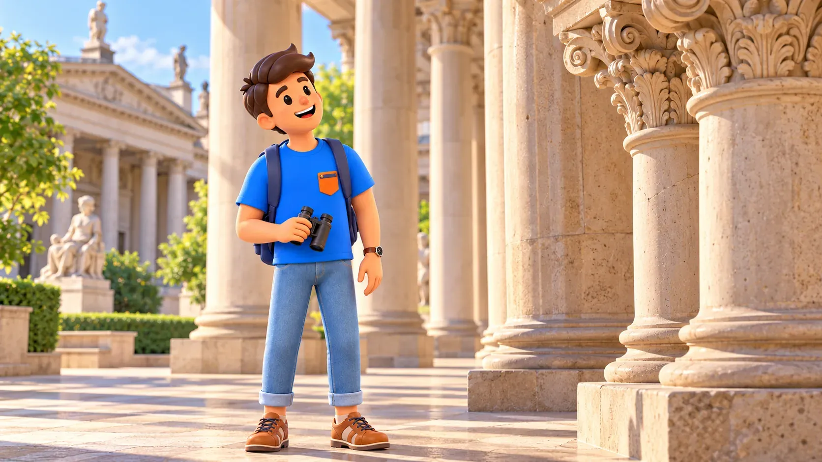 Ilustración de un viajero con pequeños prismáticos junto a una columnata inspirada en la Isla de los Museos.