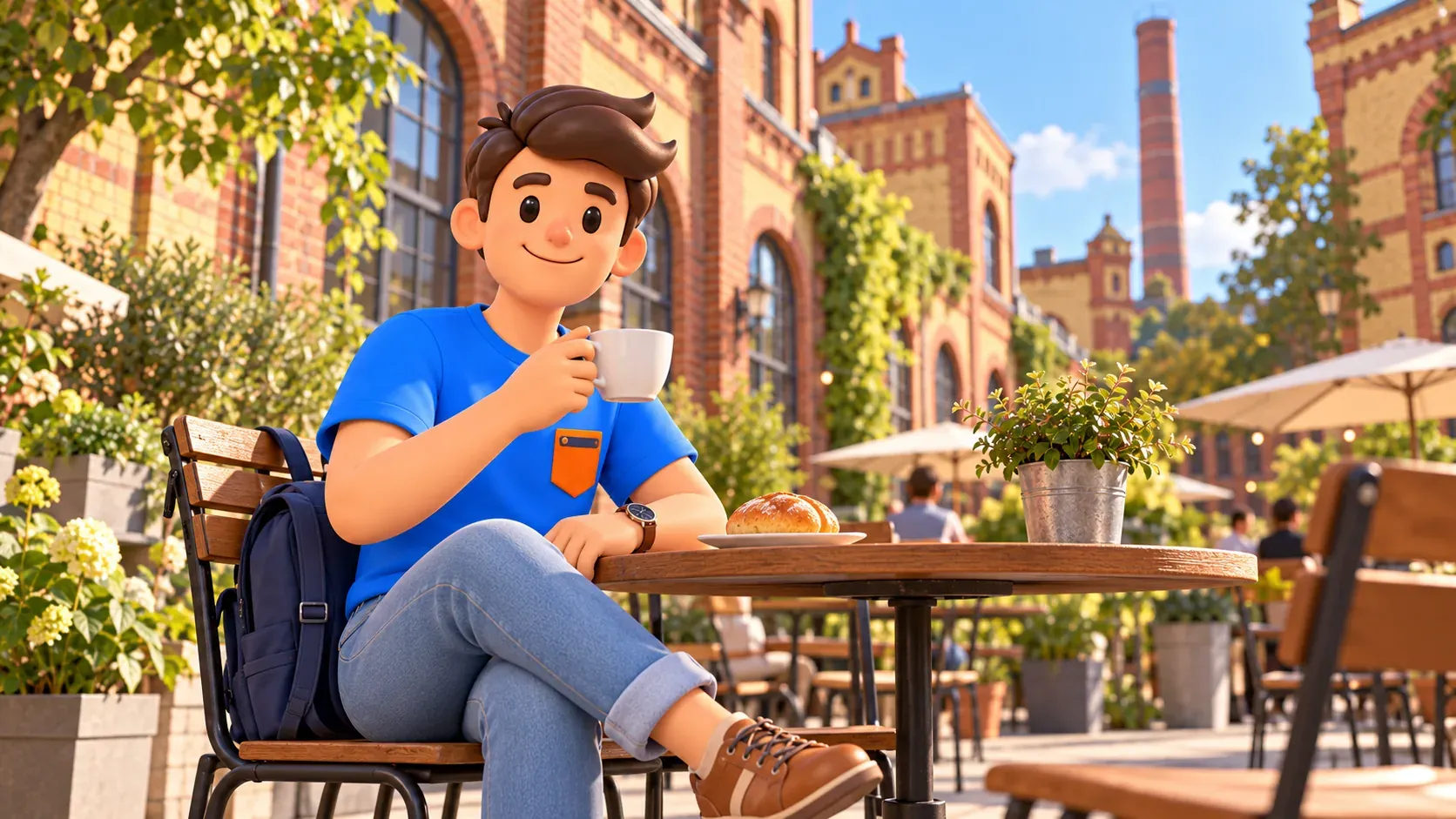 Ilustración de un viajero descansando con un café y un panecillo en un patio inspirado en KulturBrauerei.