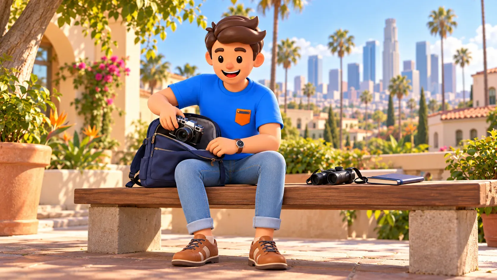 A traveler prepares a camera, binoculars and notebook for a day of sightseeing.