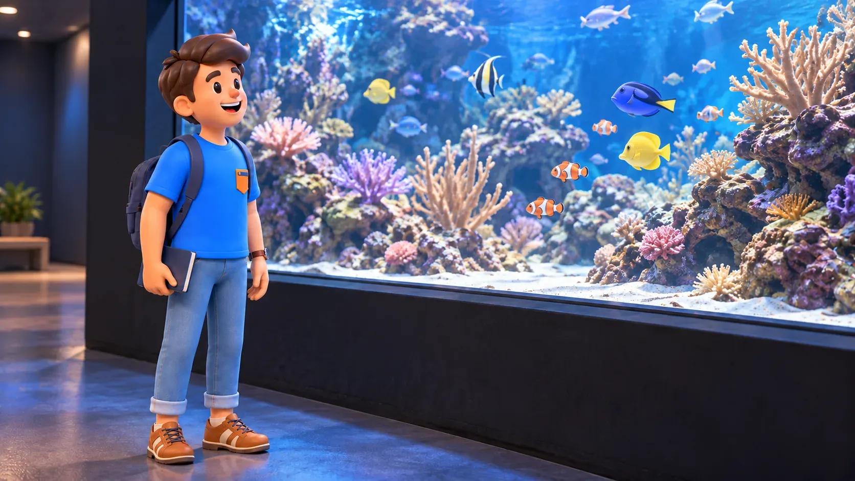 Reisender im blauen T-Shirt betrachtet Fische und Korallen hinter einer Aquariumscheibe und hält ein geschlossenes Notizbuch.