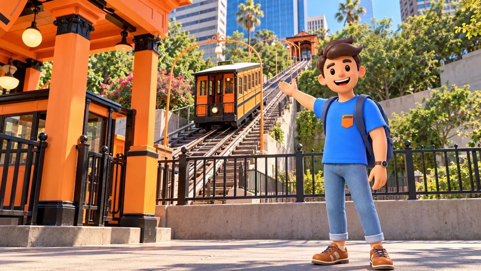A traveler looks at the orange Angels Flight car by the lower funicular station.