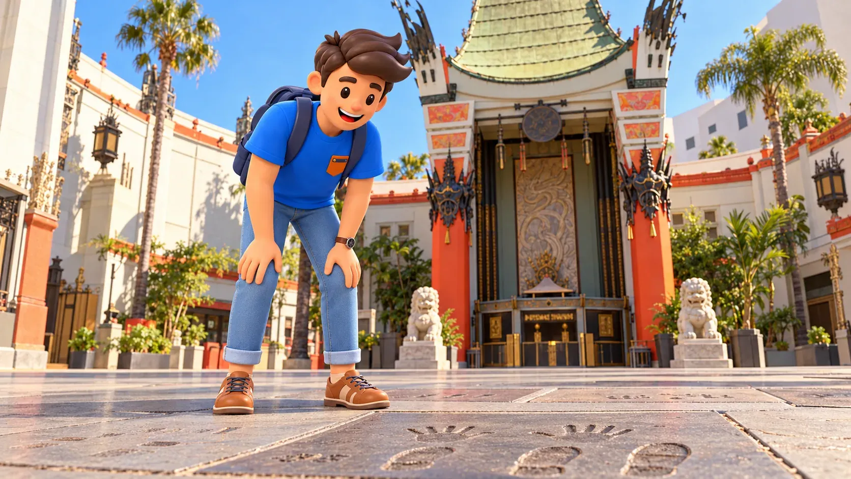 A traveler examines handprints in the forecourt of the Chinese Theatre in Hollywood.