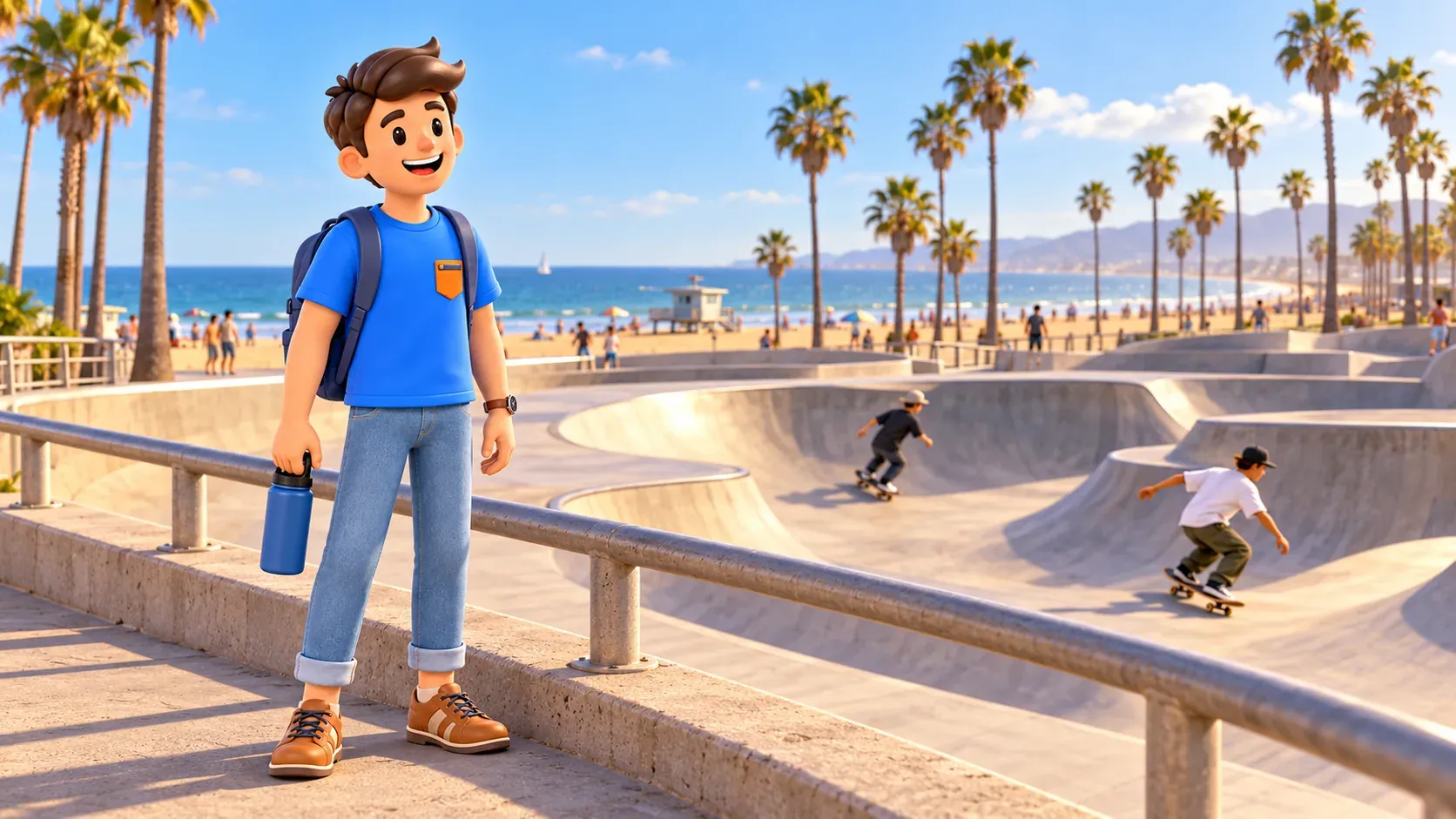 A traveler watches skateboarders from the pedestrian side of Venice Beach Skatepark.