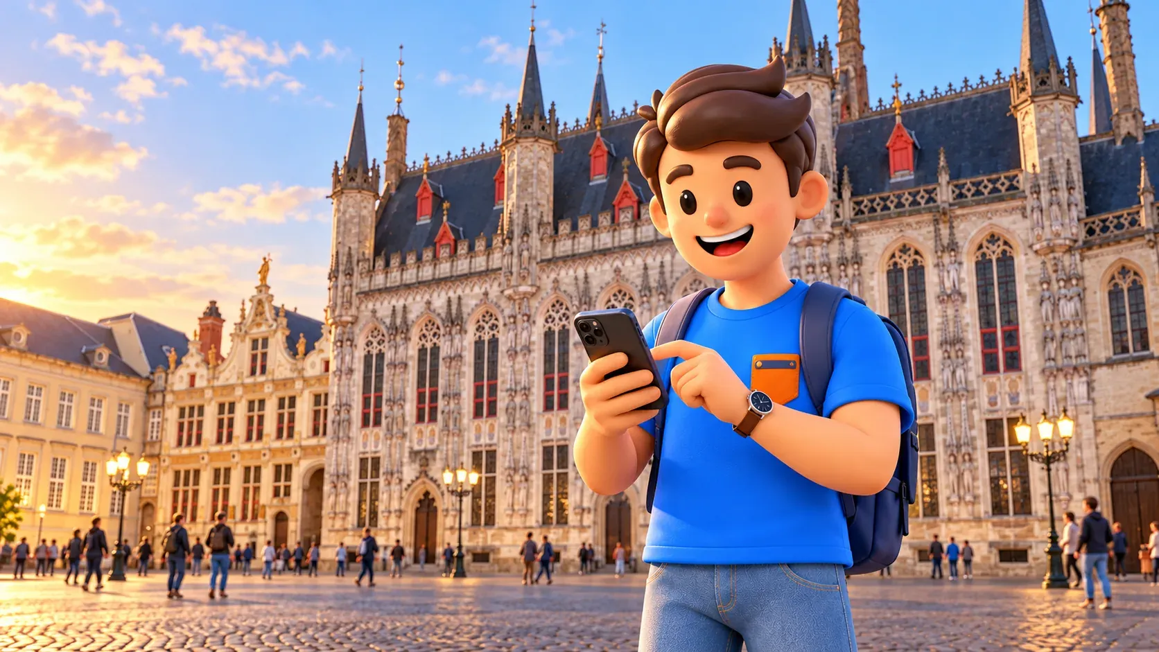 Figur hält ihr Smartphone mit verdecktem Bildschirm am Burgplatz vor dem gotischen Rathaus