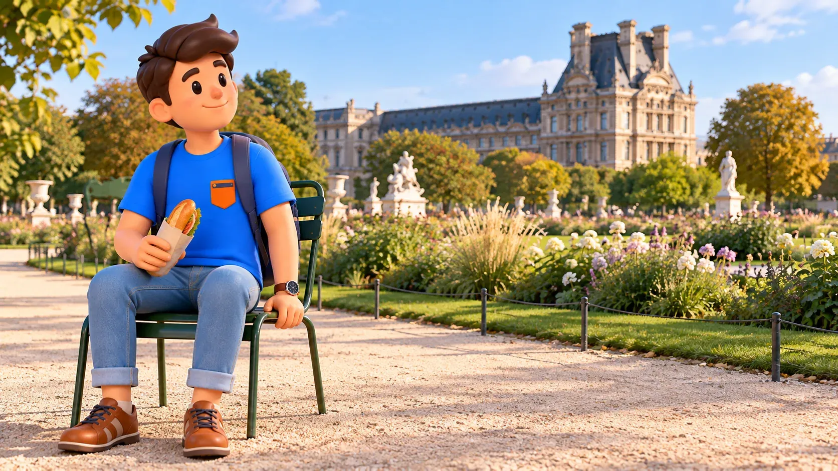 The mascot rests with a sandwich on a green Tuileries chair, with the Louvre’s Pavillon de Flore behind.
