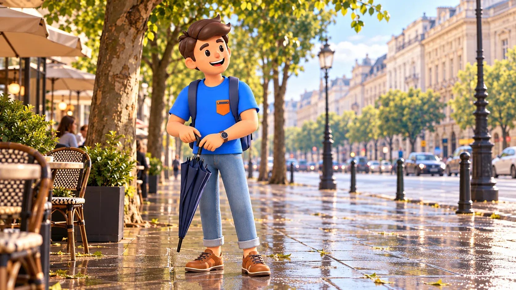 Voyageur refermant un parapluie sur un boulevard après la pluie