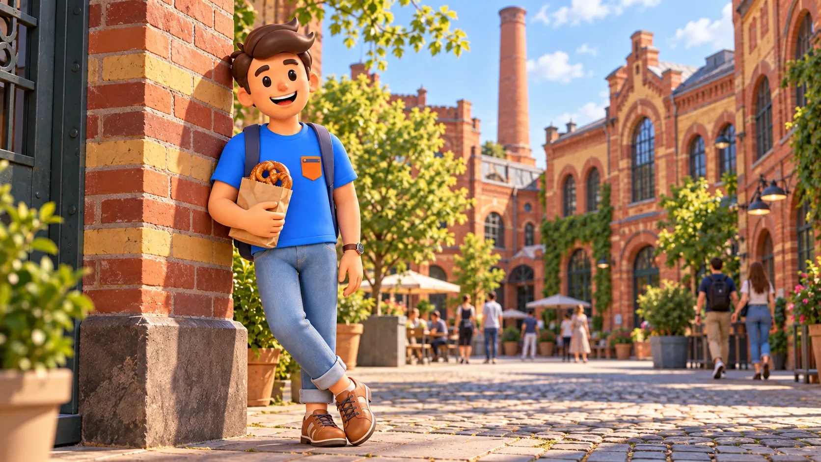 Voyageur faisant une pause avec un sac de boulangerie dans la cour de la Kulturbrauerei