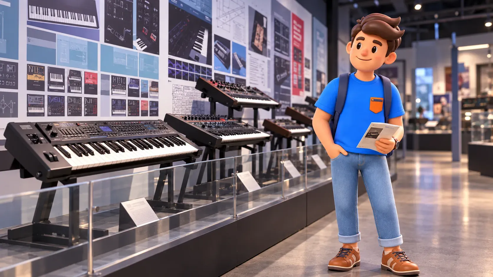 Character with his own leaflet beside keyboards behind a museum barrier.