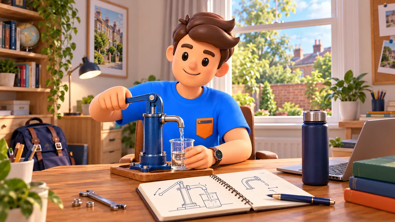 Character exploring his own hand-operated water-pump model at home.