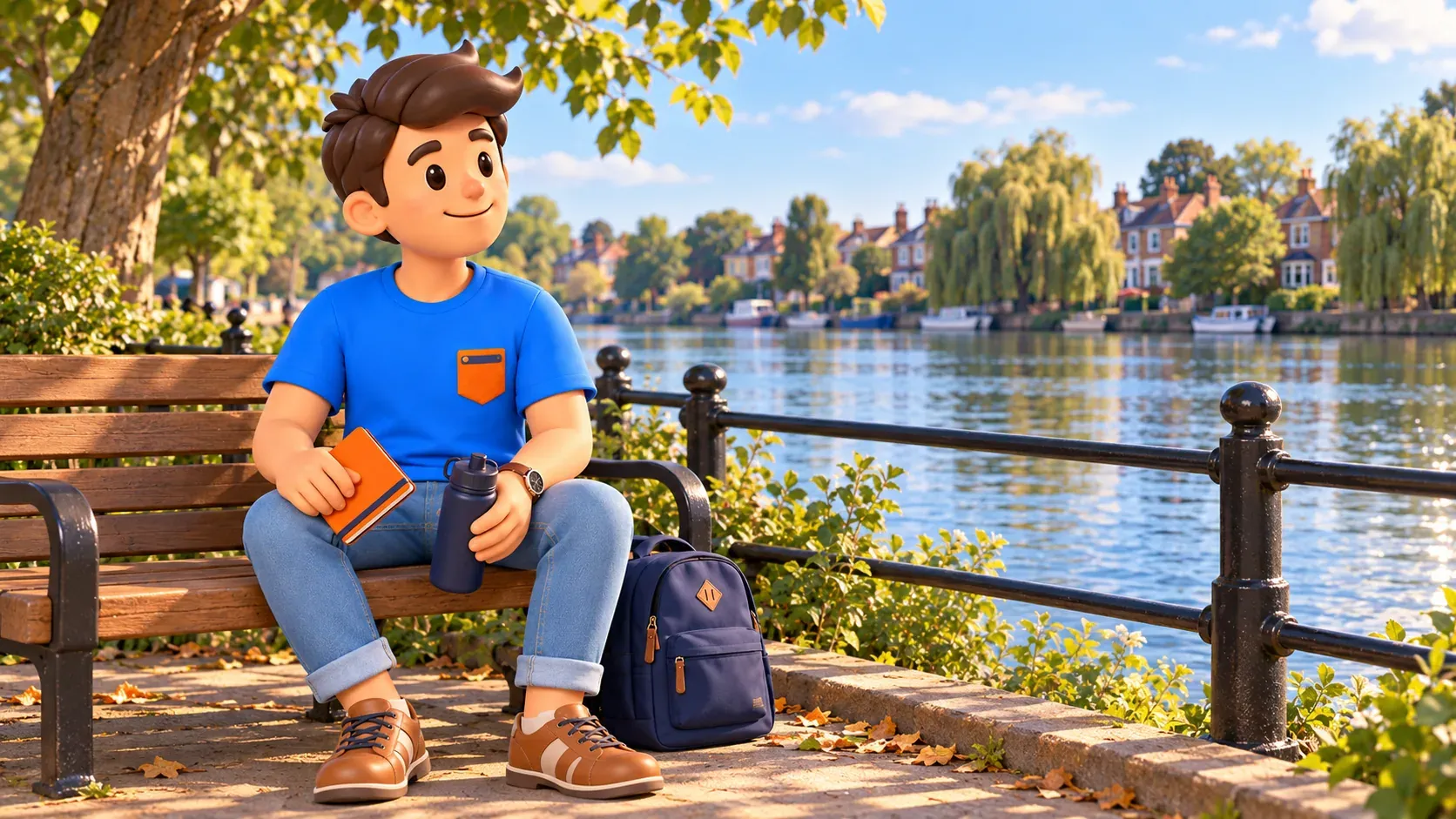 Traveller resting on a Thames riverside bench with a notebook and water bottle.