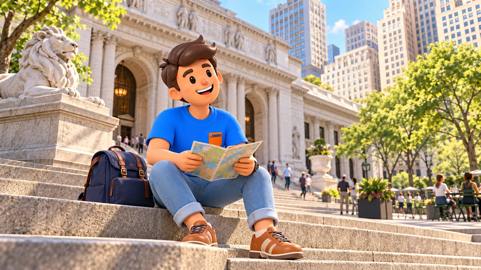 A traveler with a paper guide sits on the library steps beside a stone lion.