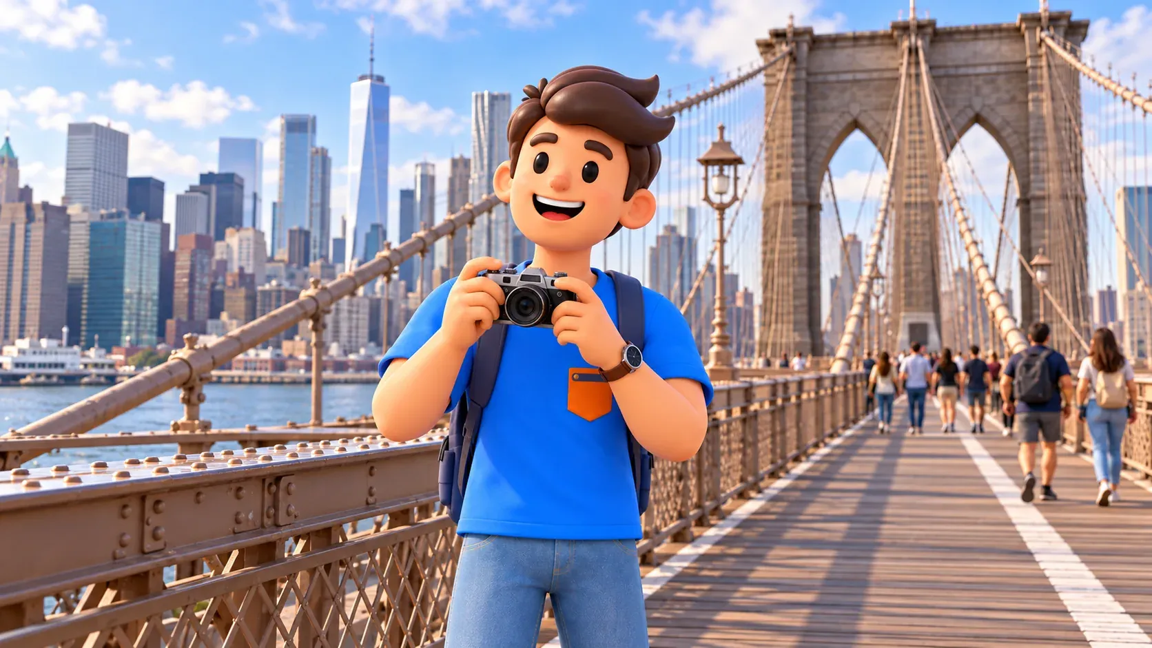 A traveler holds a camera on the Brooklyn Bridge pedestrian promenade.