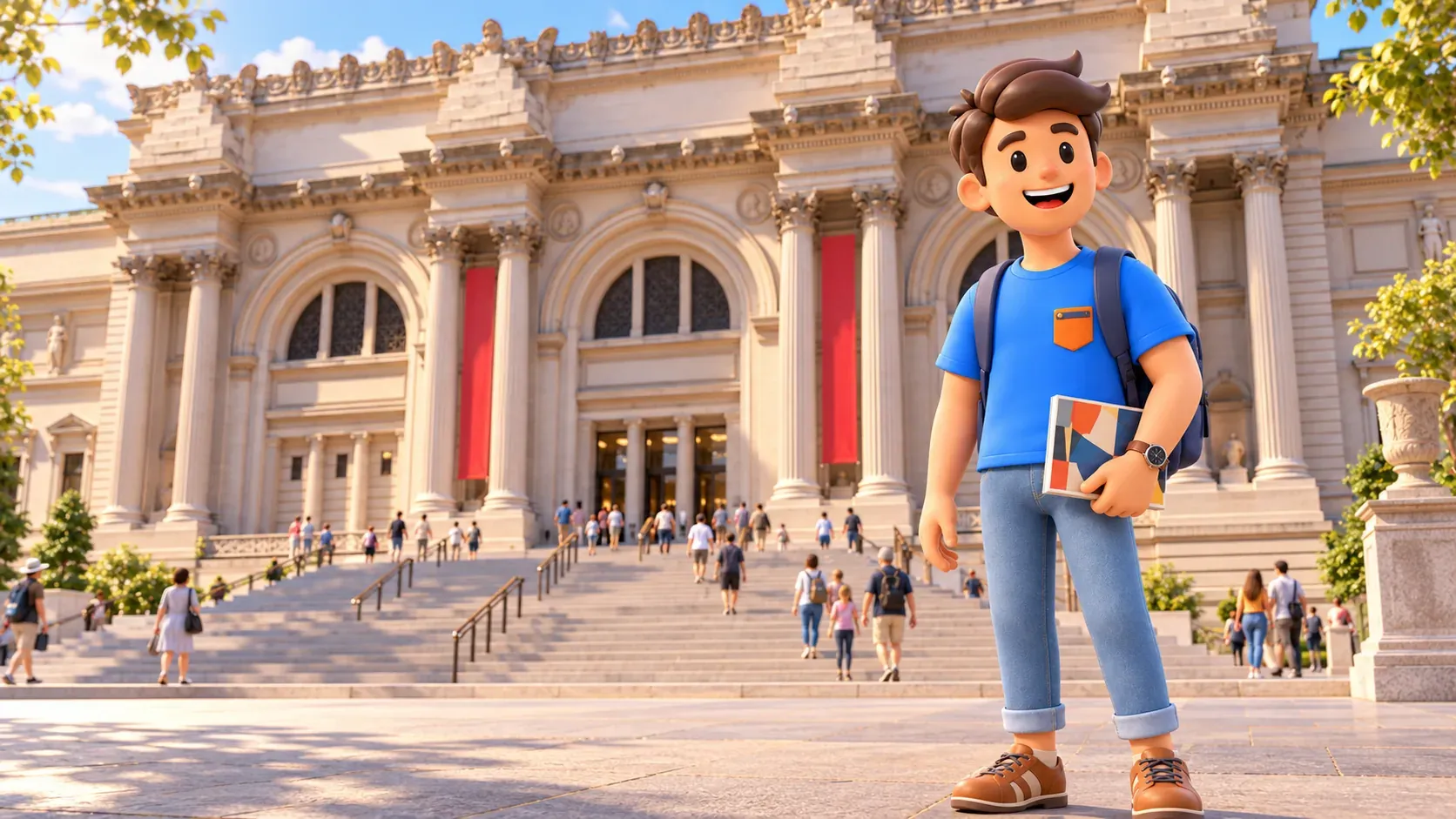 A traveler with an art book stands outside The Metropolitan Museum of Art.