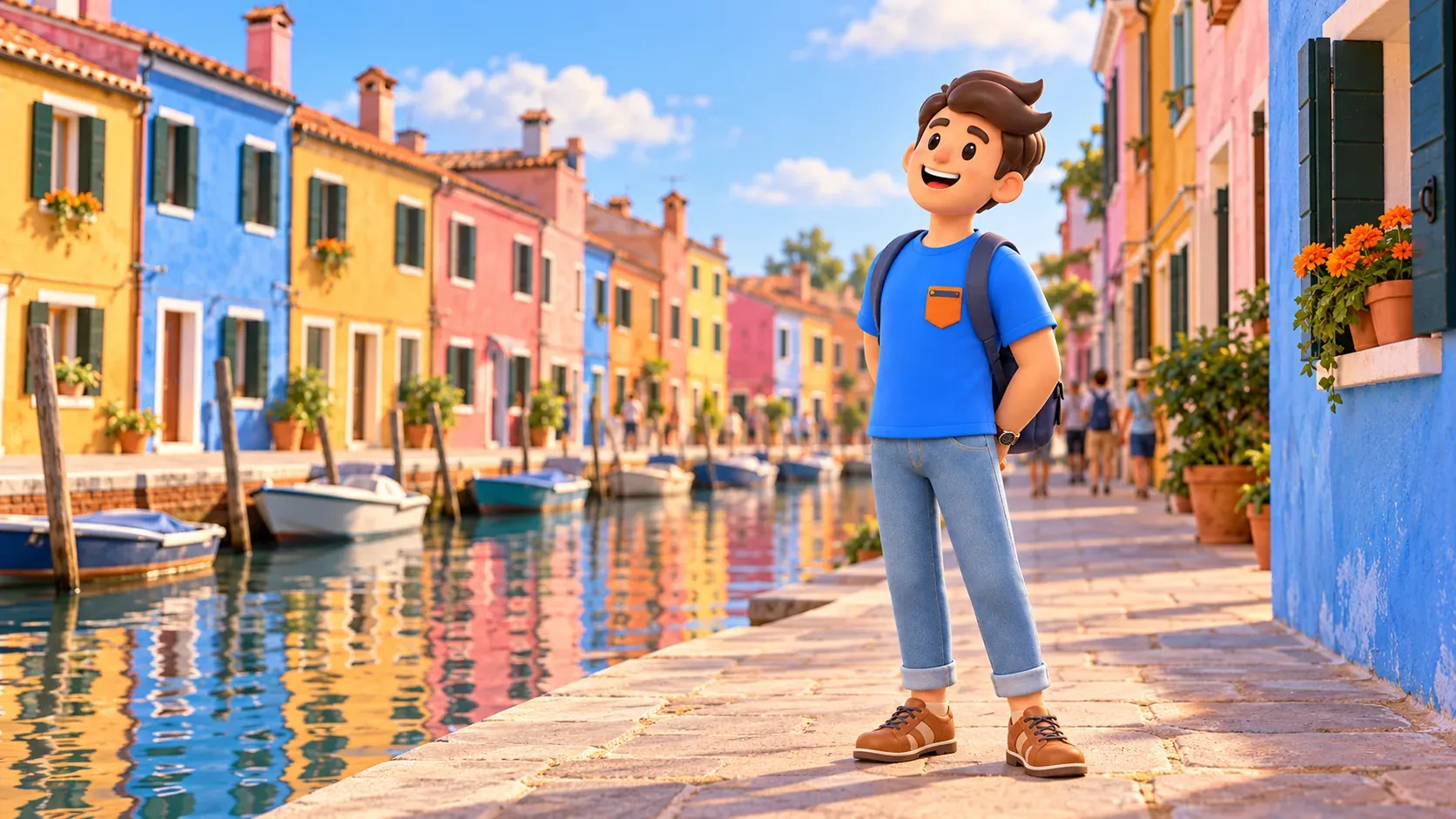 Ilustración conceptual de observación de casas de colores junto a un canal de Burano