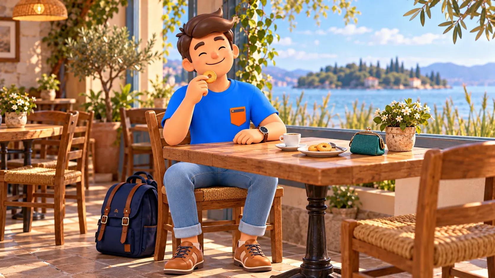 Ilustración conceptual de una pausa con café y galleta en forma de aro en un local sin nombre