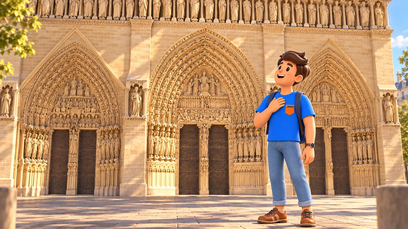 The mascot looks up at Notre-Dame’s carved western portals with his right hand on his chest.