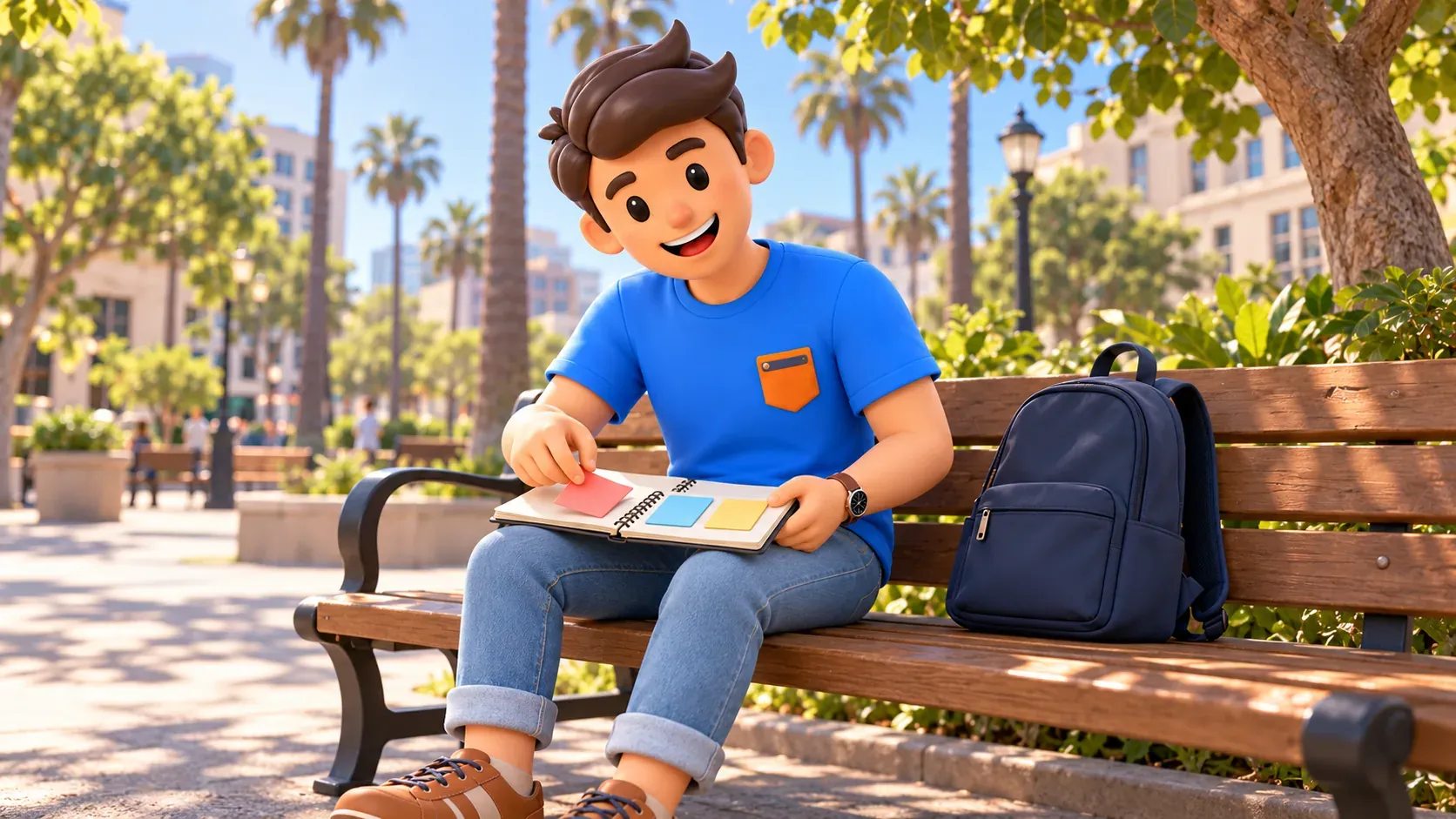 Traveler on a bench arranging three coloured day cards in a notebook