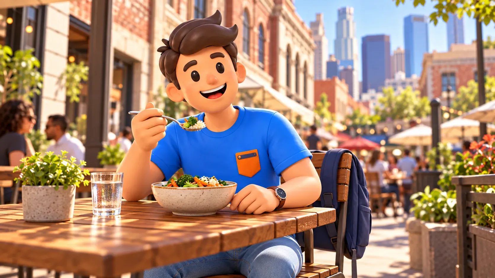 Traveler taking a lunch break beside a city street