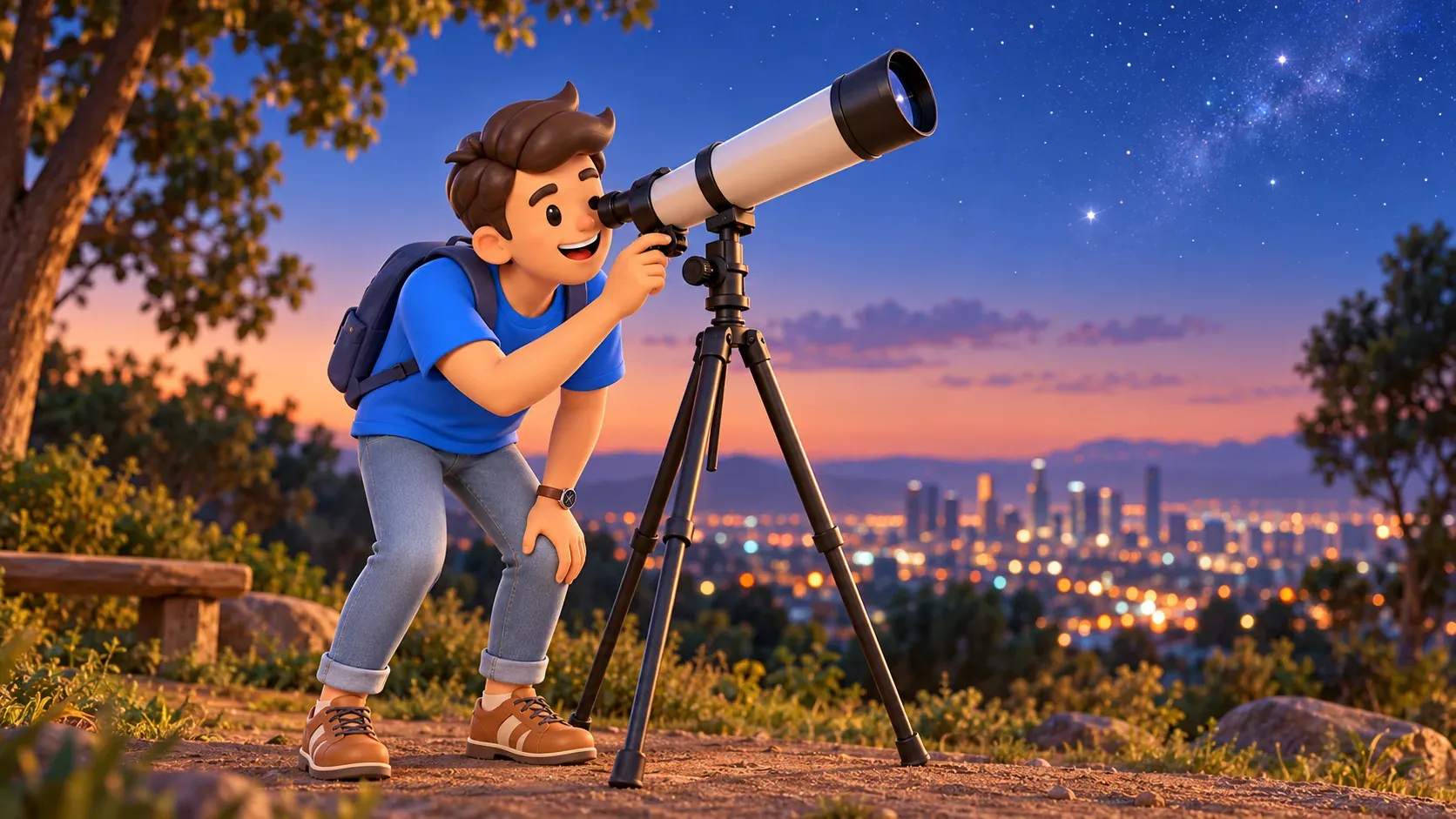 Traveler looking through his own portable telescope outdoors