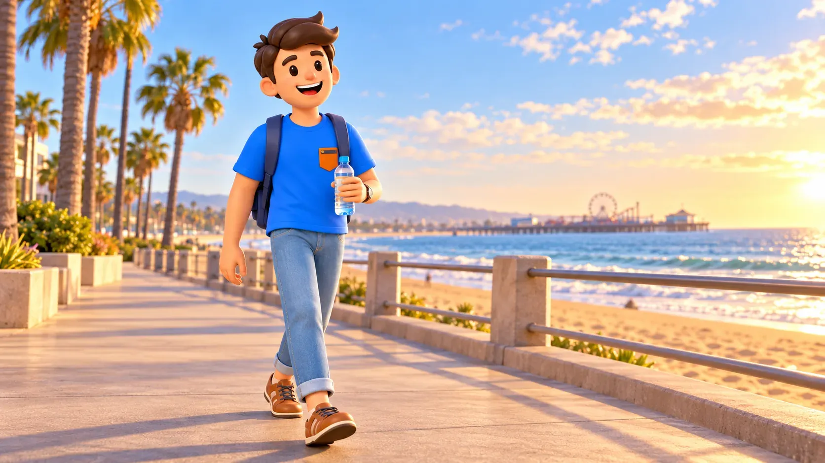 Traveler with a water bottle walking on a pedestrian oceanfront promenade