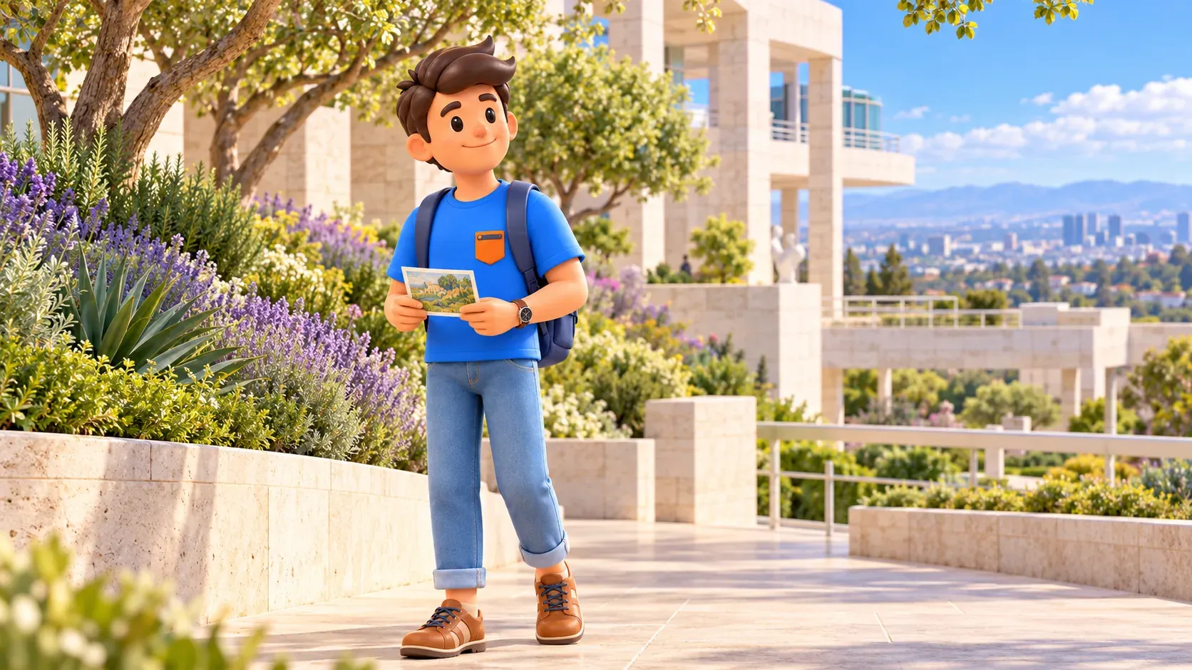 Ein Reisender mit Kunstpostkarte betrachtet die Gartenanlage am Getty Center.