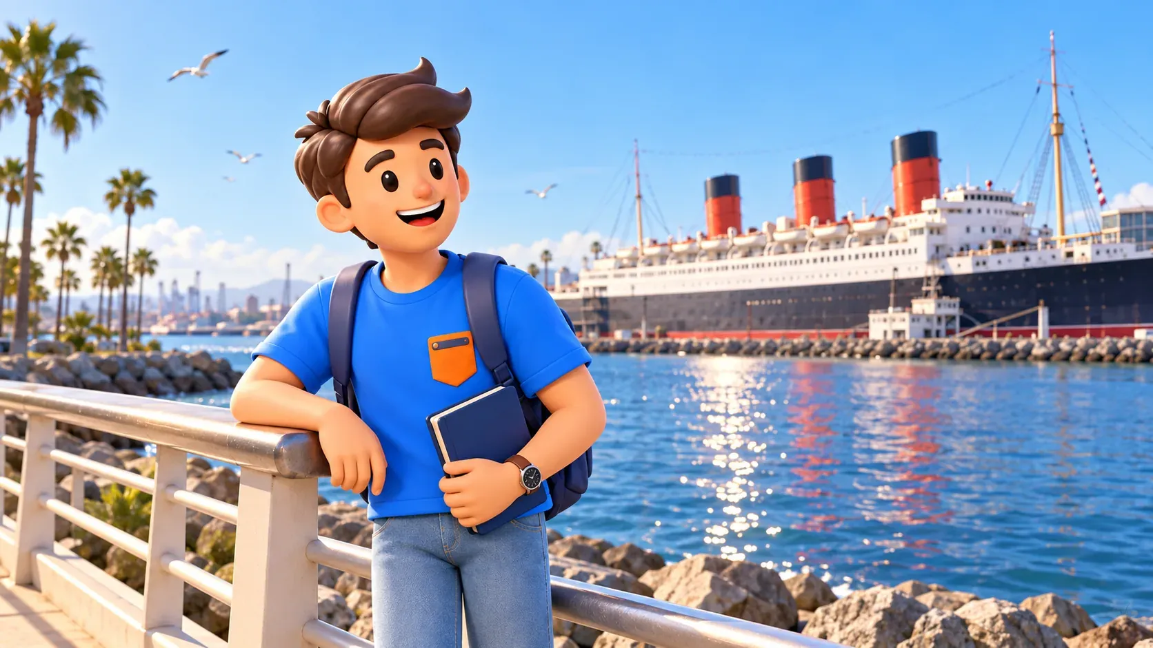 Ein Reisender lehnt am Ufergeländer gegenüber der Queen Mary.