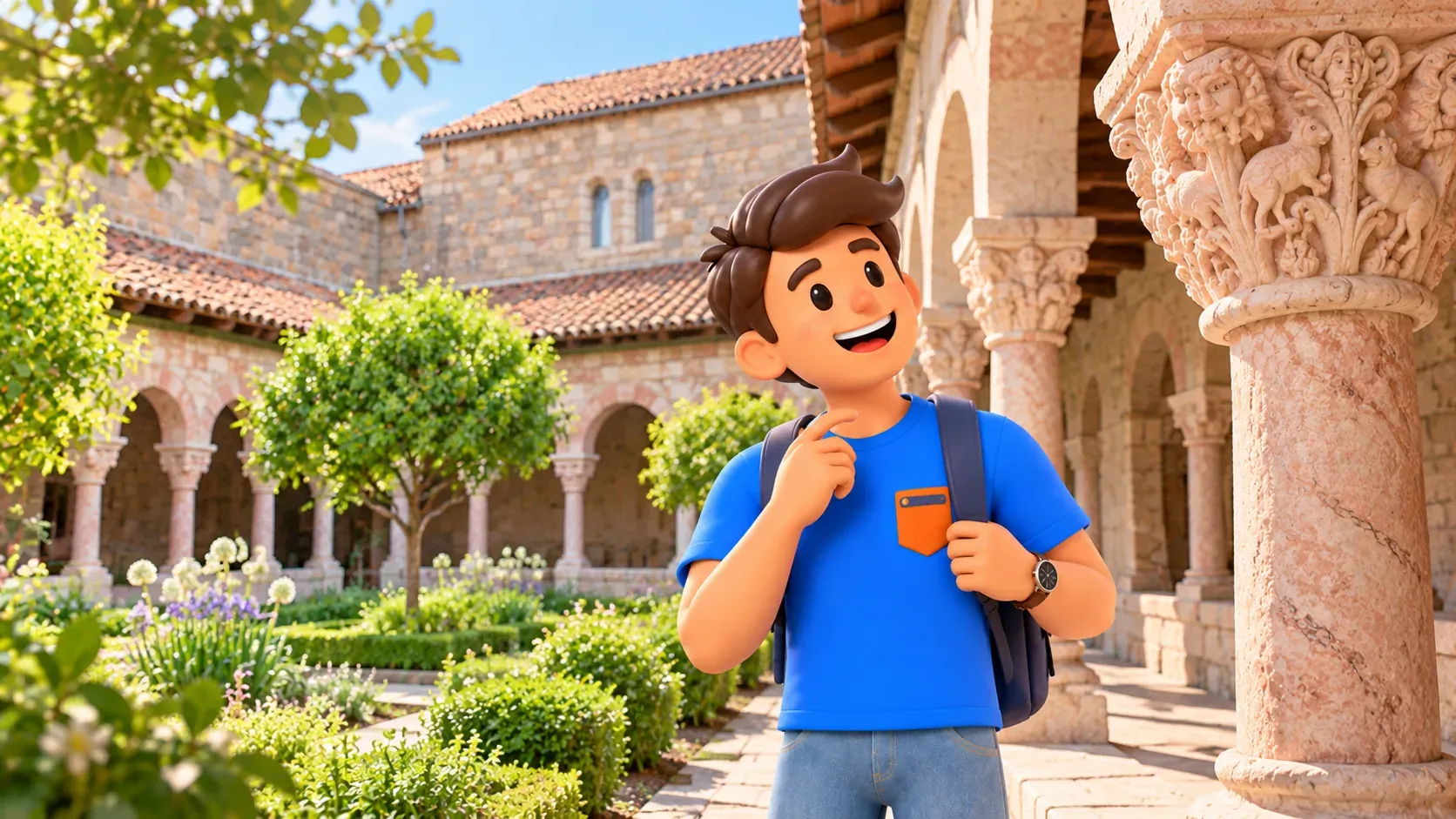 Traveller studying a carved capital beside the garden arcade at The Cloisters.