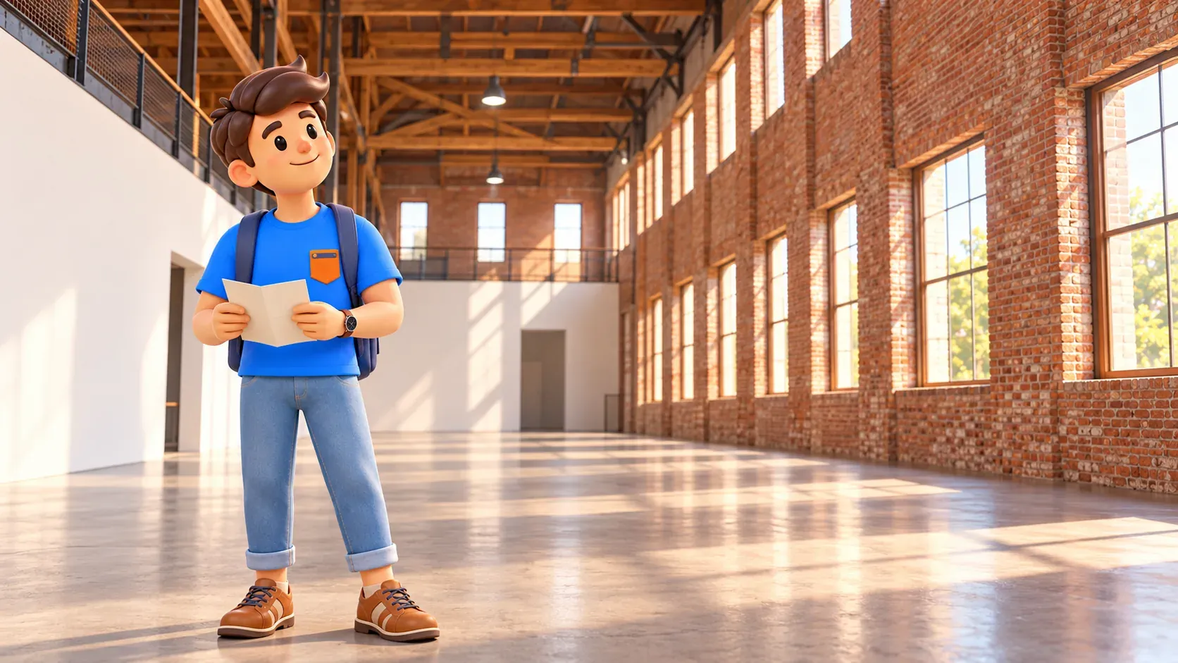 Traveller holding a leaflet in an airy converted brick industrial cultural hall.