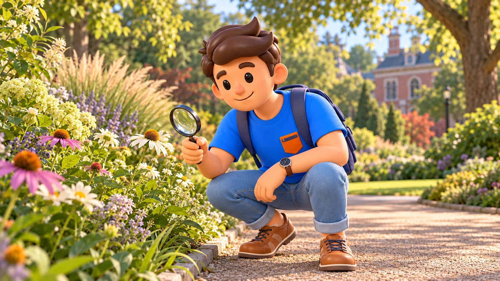 Traveller crouching on a garden path to examine a flower with a magnifying glass.