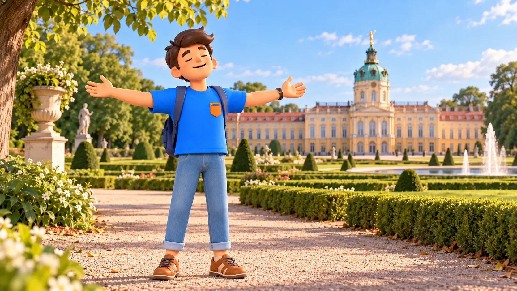 Traveller stretching during a walk in Charlottenburg Palace Gardens.