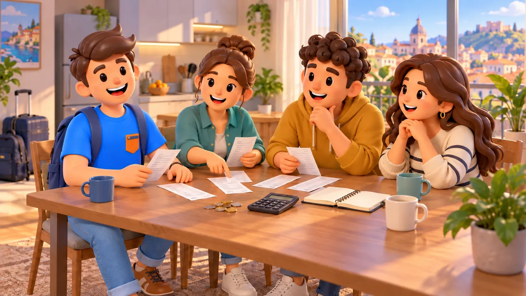 Des amis examinent les reçus et les dépenses communes à une table dans un appartement.