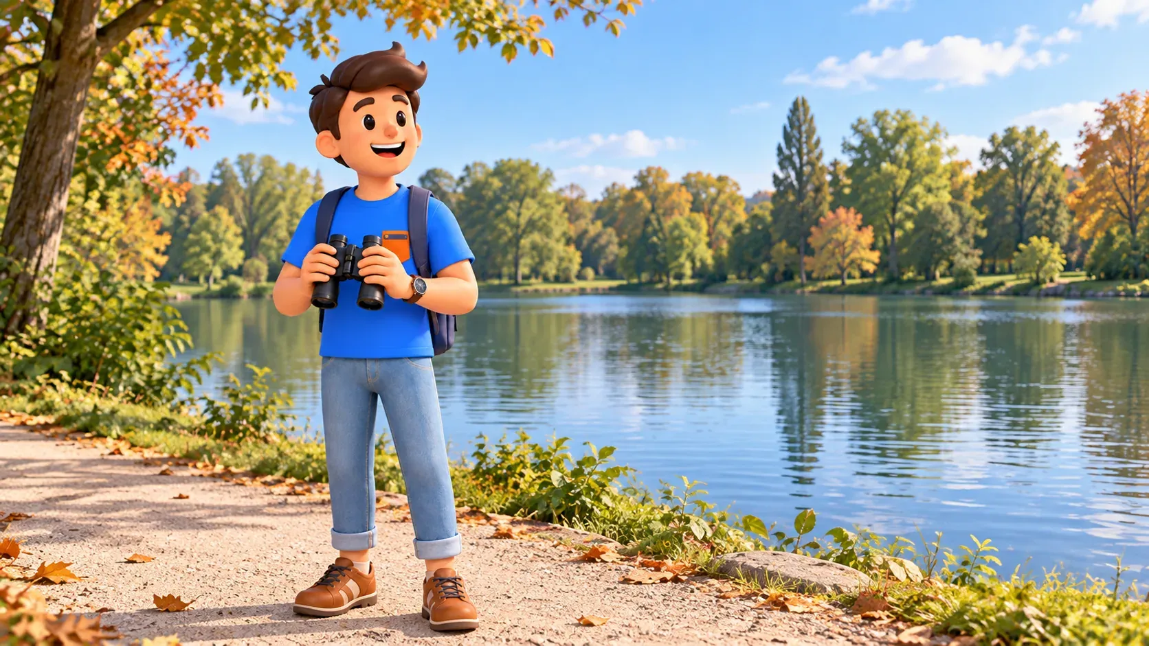 A traveler holds binoculars on a dry shoreline path beside Lac Daumesnil and autumn trees.