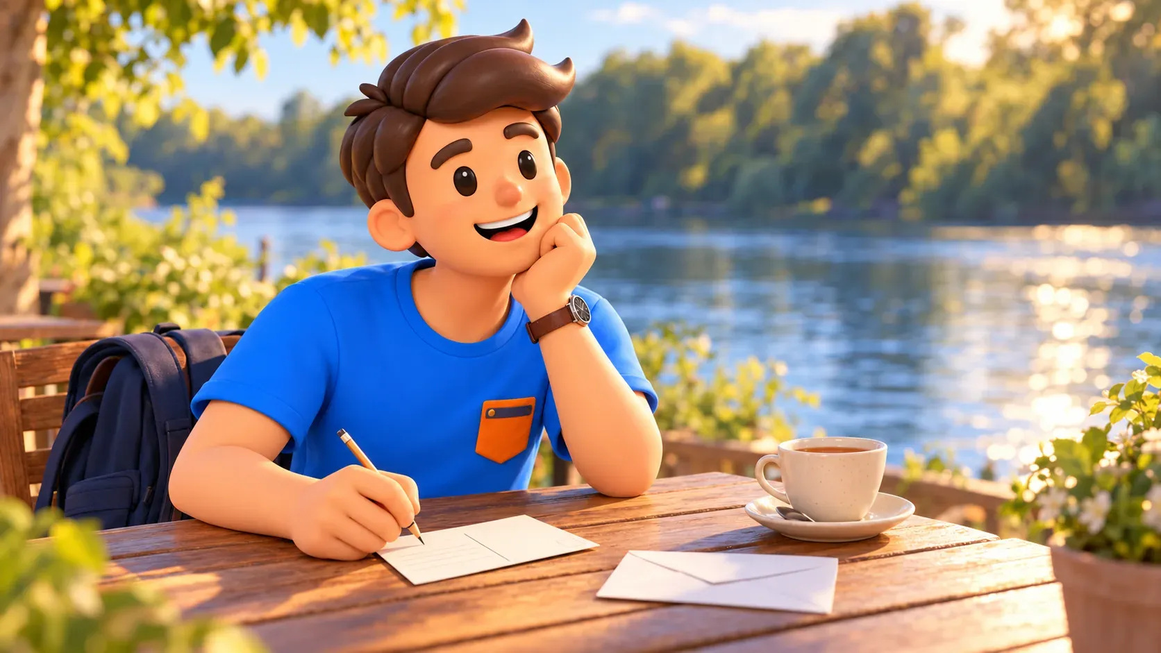 Traveller writing a postcard at a riverside table.