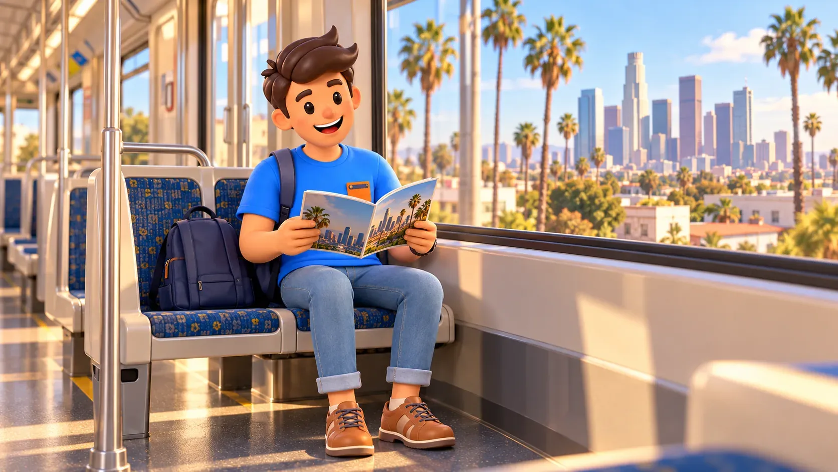 A traveler reads a booklet inside a train with his backpack beside him.