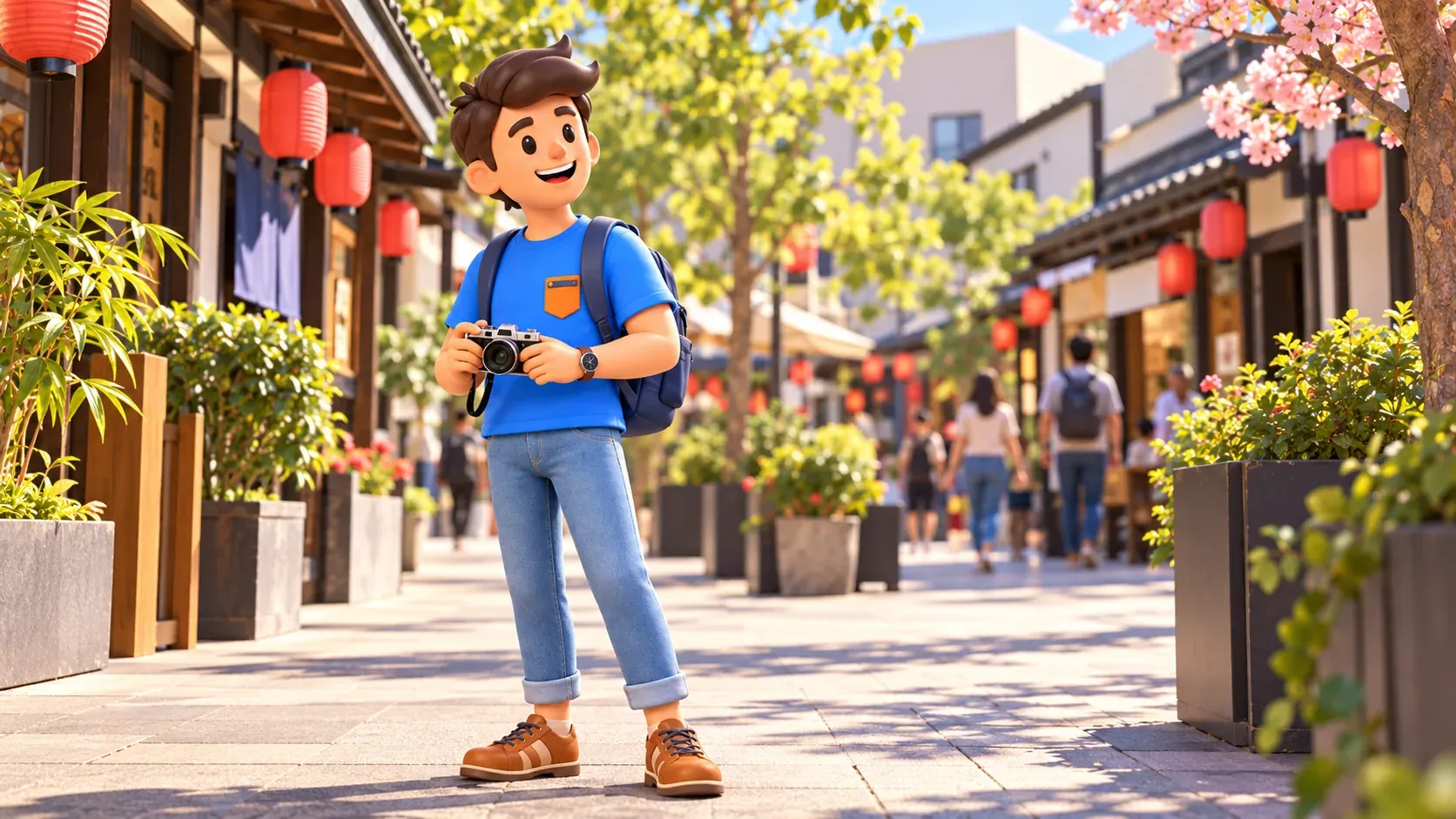 A traveler holds a camera on a pedestrian street in Little Tokyo.