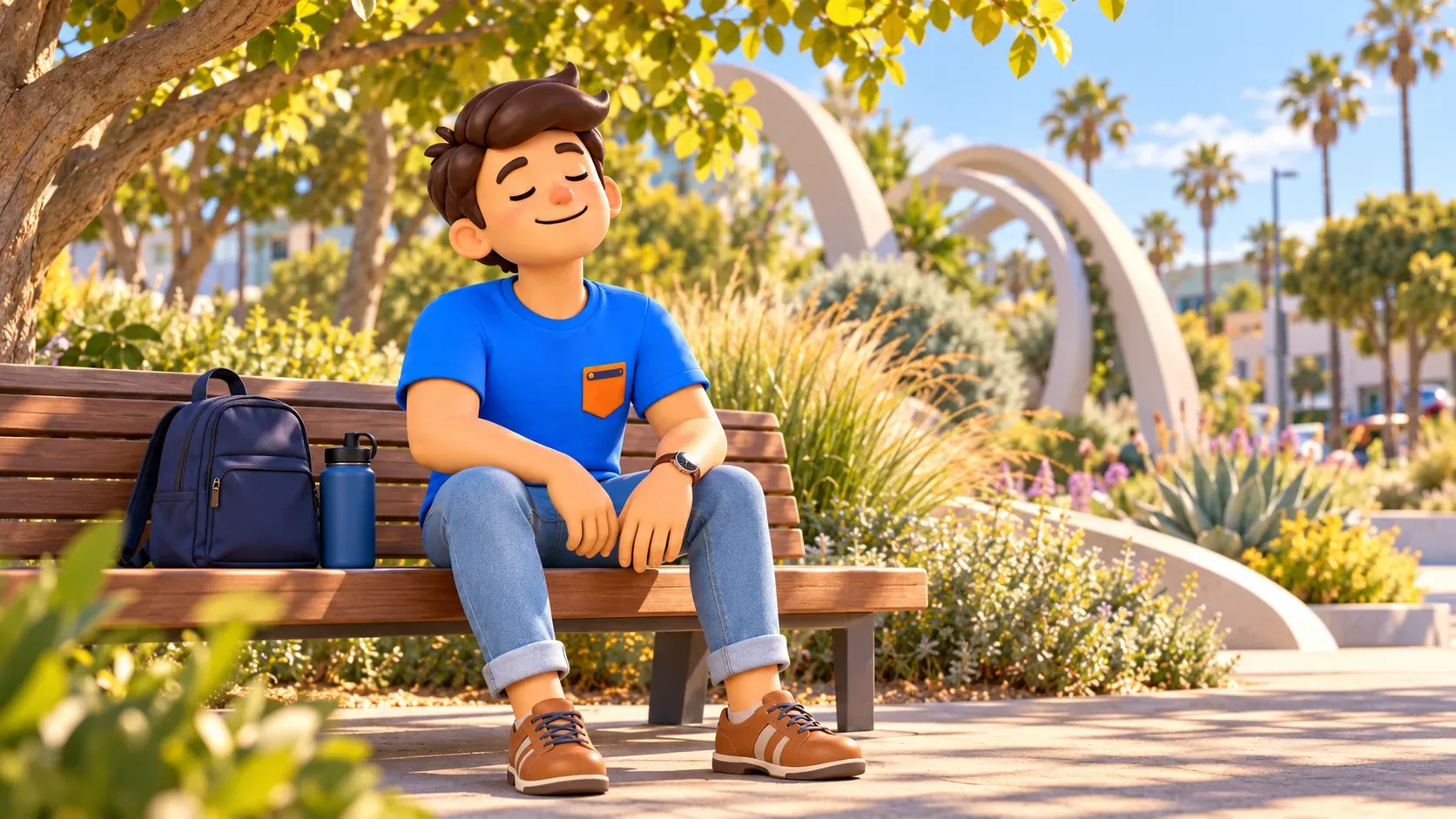 The traveler rests on a bench in Tongva Park with a backpack and water bottle.