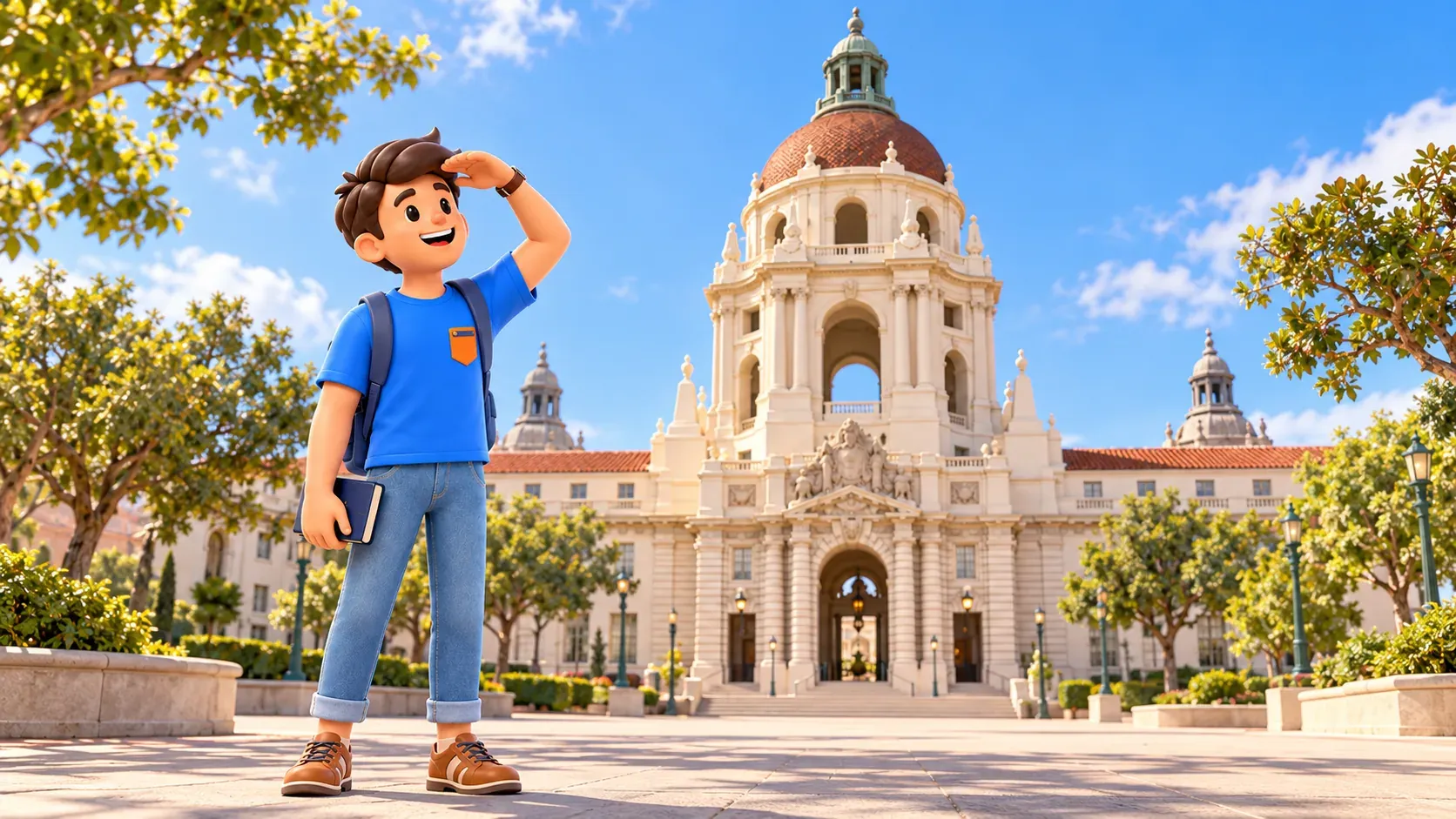 A traveler looks up at Pasadena City Hall from the public plaza.
