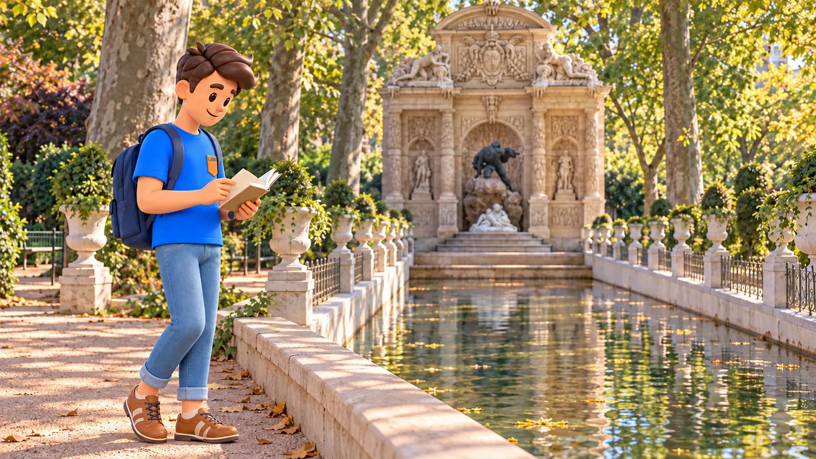 The mascot reads a book on the path beside the Medici Fountain pool.