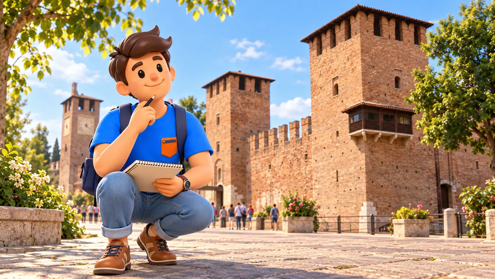 Voyageur avec un carnet observant les murs et les tours de Castelvecchio