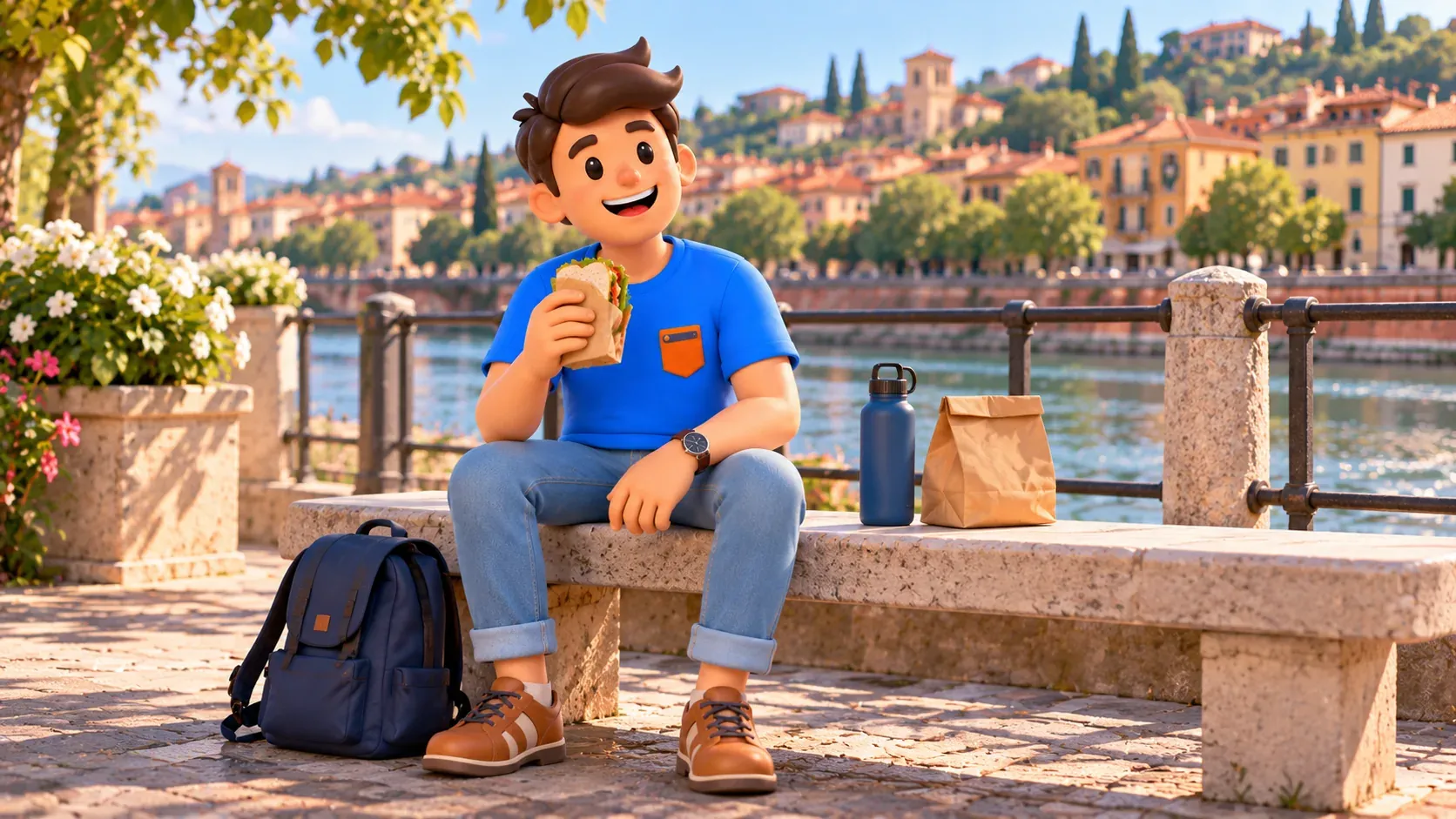 Voyageur faisant une pause sur un banc au bord de l’Adige avec un déjeuner léger
