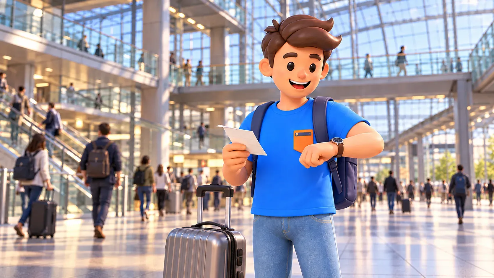 Illustration of a traveller checking a wristwatch with a paper ticket in a multi-level glass station hall.